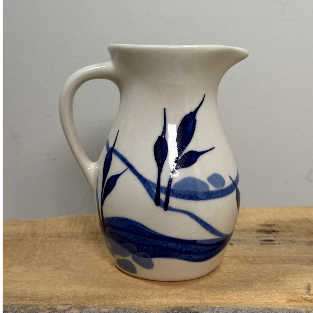 Emerson Creek Pottery Blue Botanical Stoneware Pitcher Bedford Virginia 5"